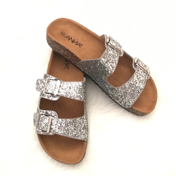 Shoes - Silver Glitter Slide On Sandals